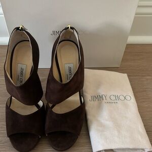 Jimmy Choo Open Toe Private banded heels in suede coffee